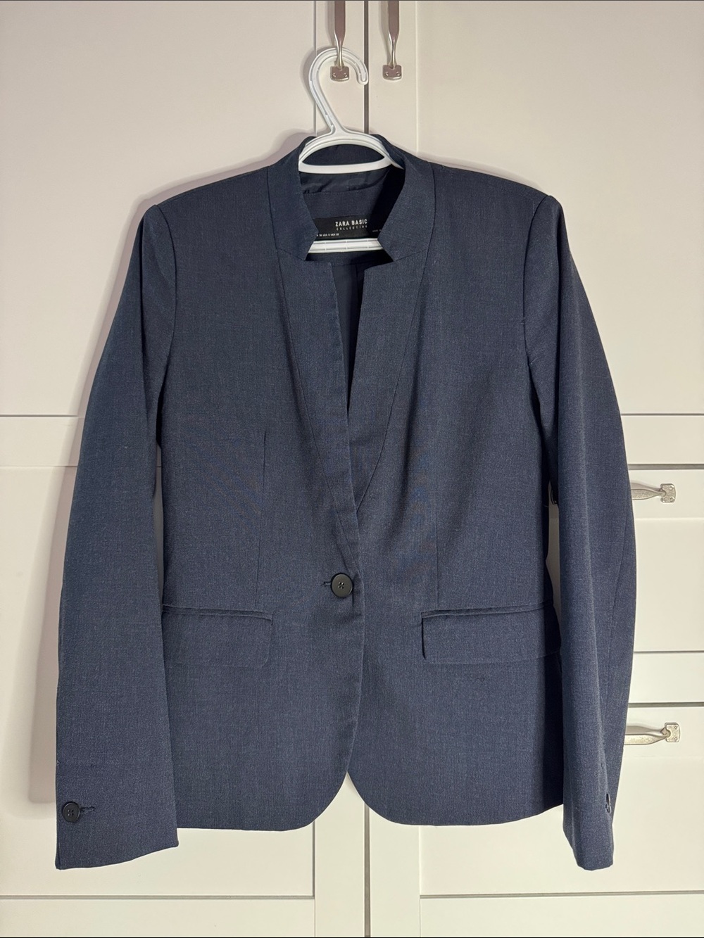 Zara Dark Blue Single-Button Collarless Blazer